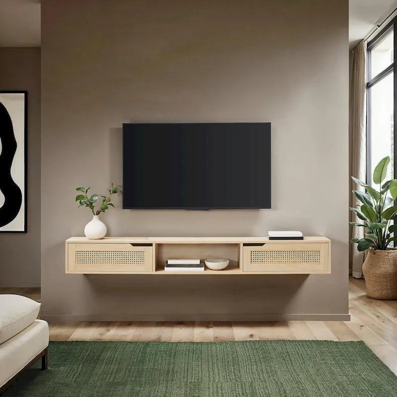 Scandi 70-Inch Floating TV Stand with Faux Rattan Doors