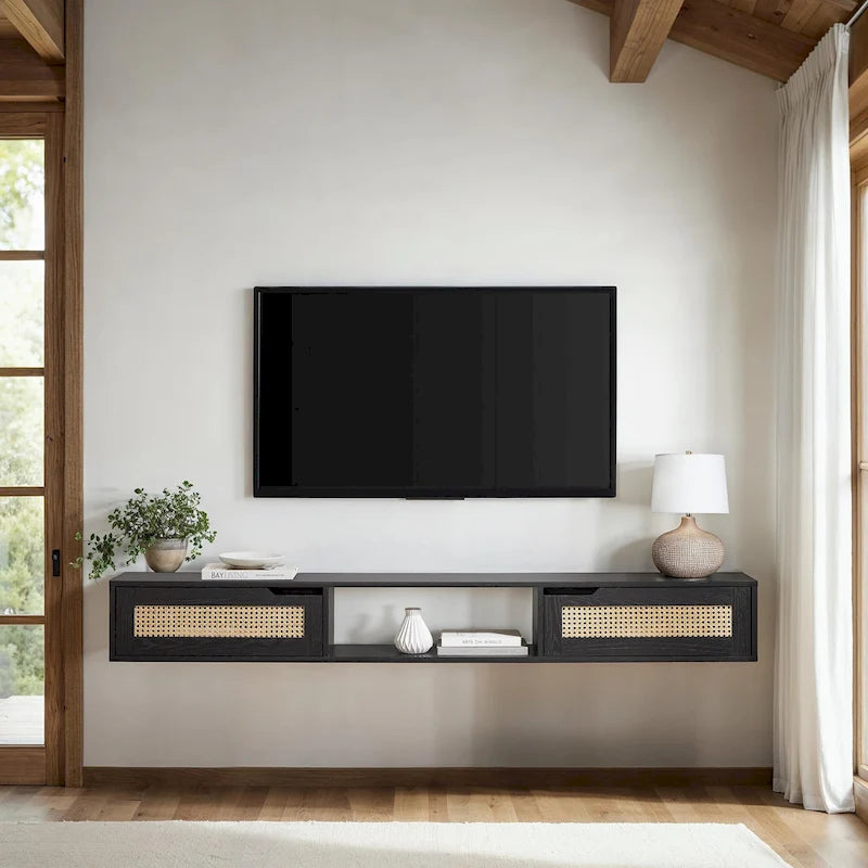 Scandi 70-Inch Floating TV Stand with Faux Rattan Doors