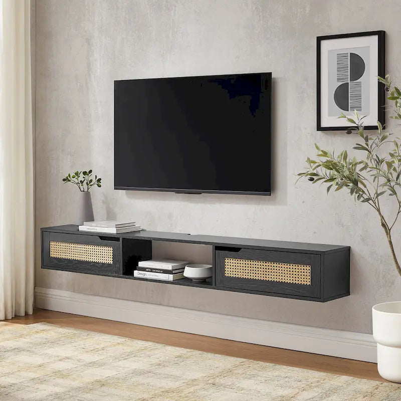Scandi 70-Inch Floating TV Stand with Faux Rattan Doors