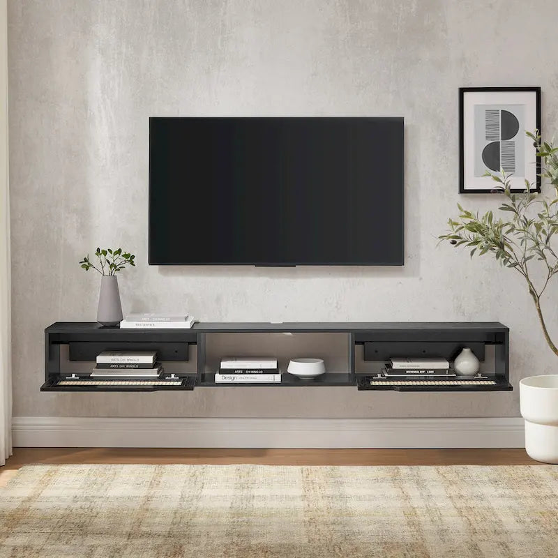 Scandi 70-Inch Floating TV Stand with Faux Rattan Doors