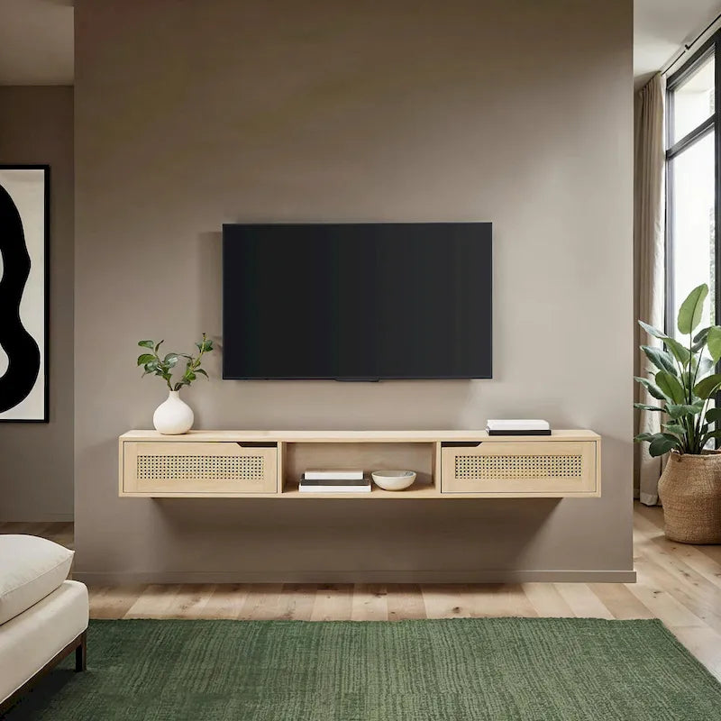 Scandi 70-Inch Floating TV Stand with Faux Rattan Doors