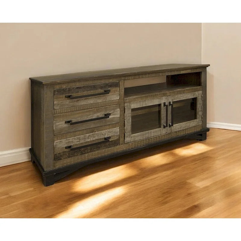 61-Inch Distressed Brown Solid Wood TV Stand with Enclosed Storage