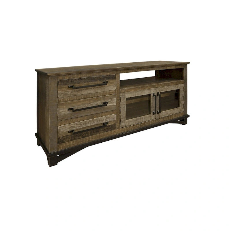 61-Inch Distressed Brown Solid Wood TV Stand with Enclosed Storage