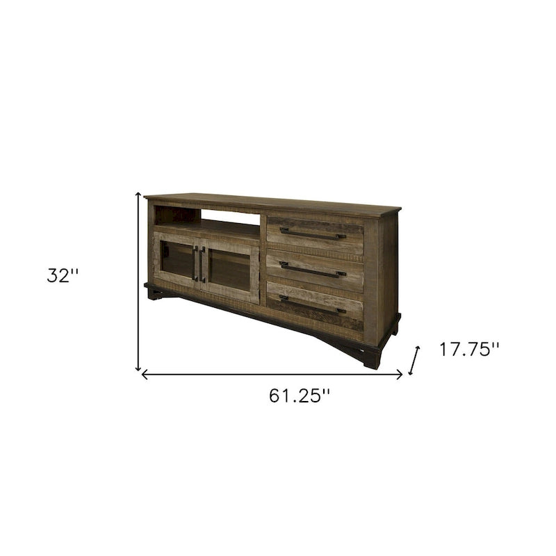 61-Inch Distressed Brown Solid Wood TV Stand with Enclosed Storage