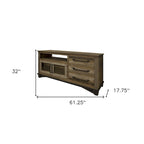 61-Inch Distressed Brown Solid Wood TV Stand with Enclosed Storage