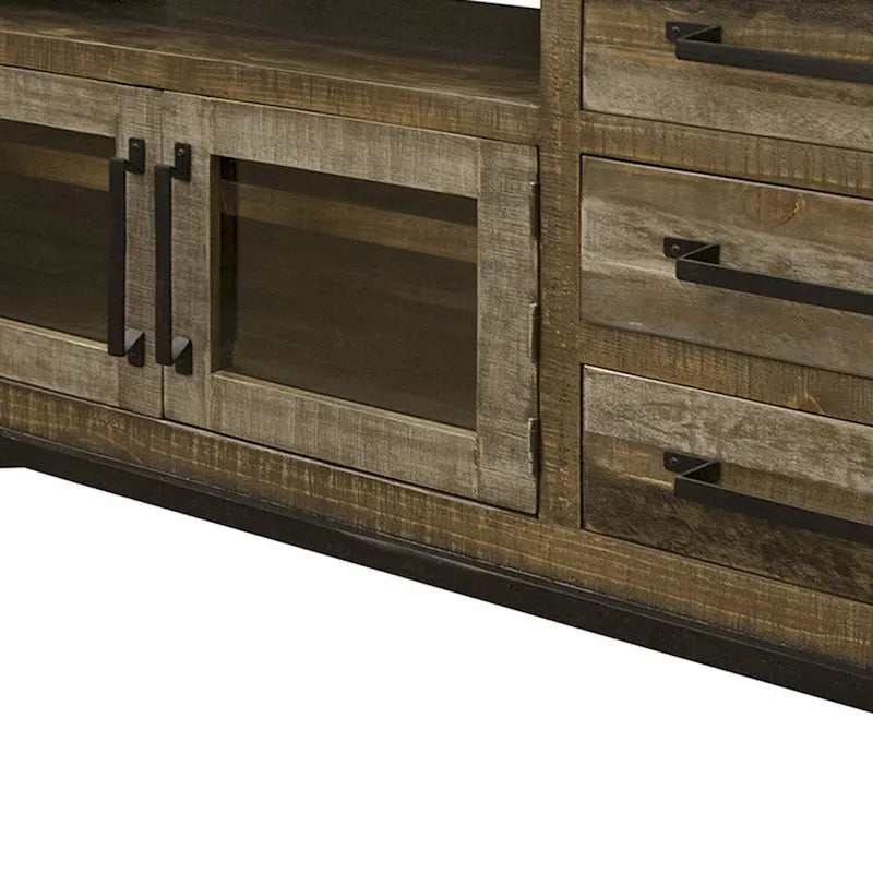 61-Inch Distressed Brown Solid Wood TV Stand with Enclosed Storage