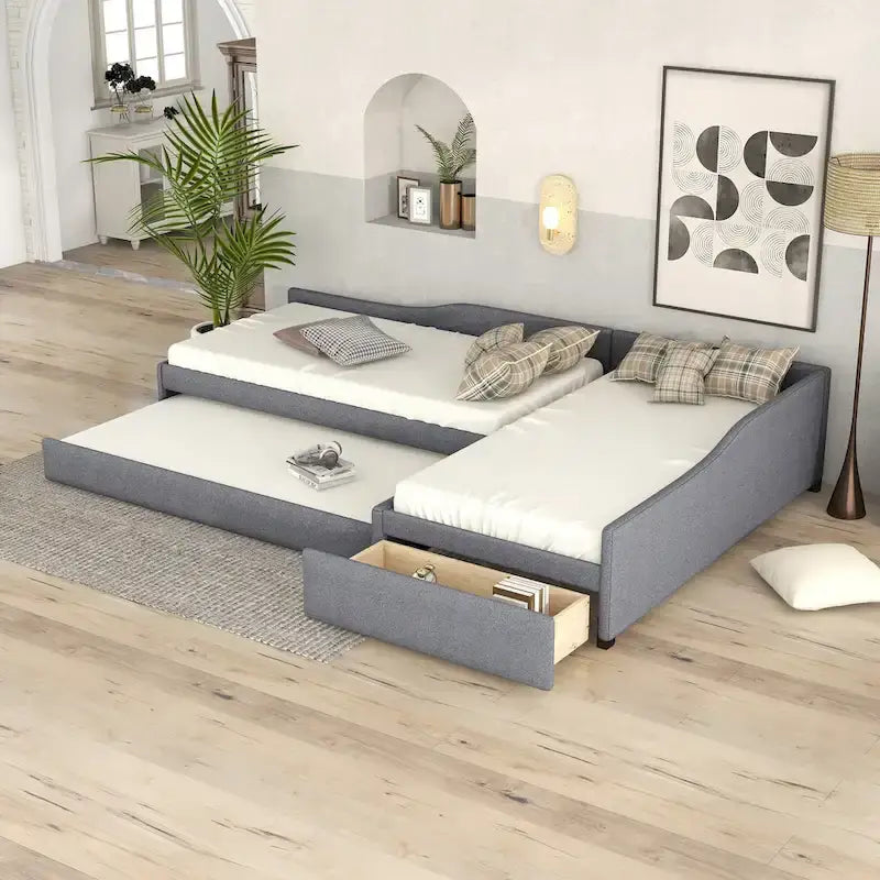 Twin Size Daybed with Drawer, Wooden Support Bed Frame, Upholstered Double Trundle, No Box Spring Needed for Teens