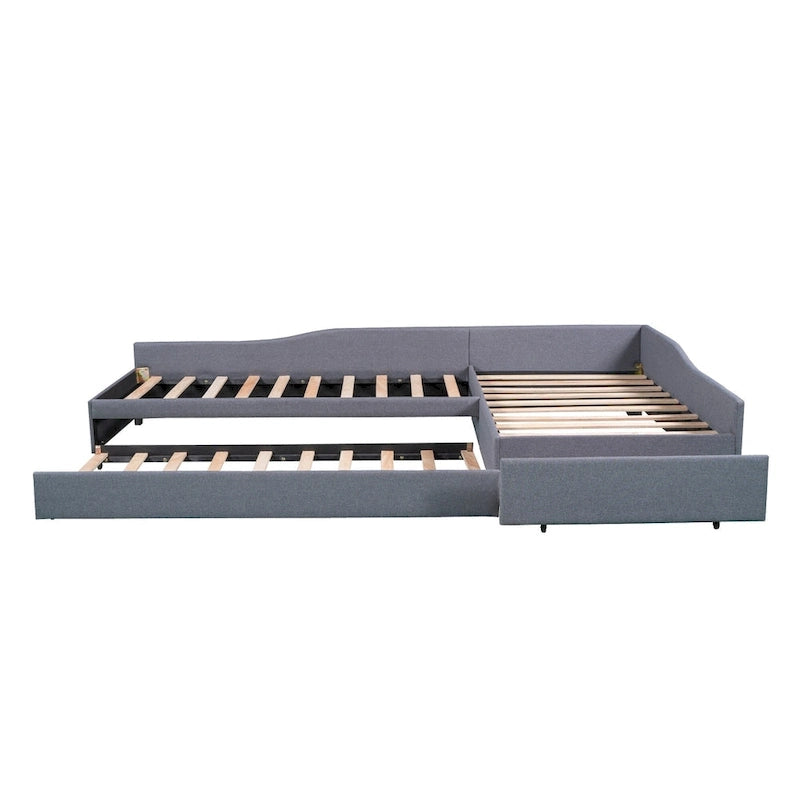 Twin Size Daybed with Drawer, Wooden Support Bed Frame, Upholstered Double Trundle, No Box Spring Needed for Teens