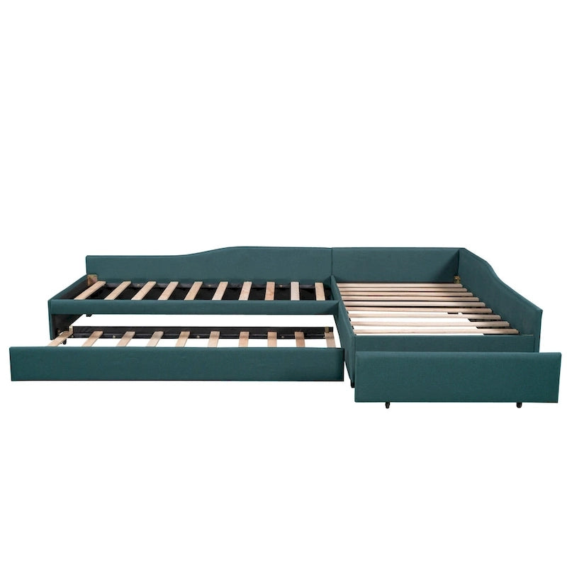 Twin Size Daybed with Drawer, Wooden Support Bed Frame, Upholstered Double Trundle, No Box Spring Needed for Teens