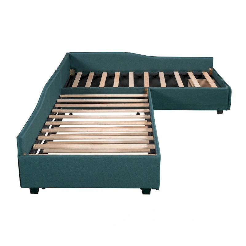 Twin Size Daybed with Drawer, Wooden Support Bed Frame, Upholstered Double Trundle, No Box Spring Needed for Teens