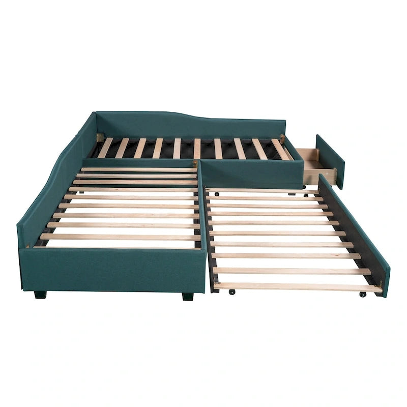 Twin Size Daybed with Drawer, Wooden Support Bed Frame, Upholstered Double Trundle, No Box Spring Needed for Teens