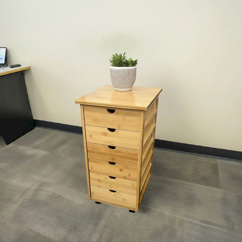 Eco-Friendly Solid Bamboo 6-Drawer Rolling Storage Cart with Locking Casters