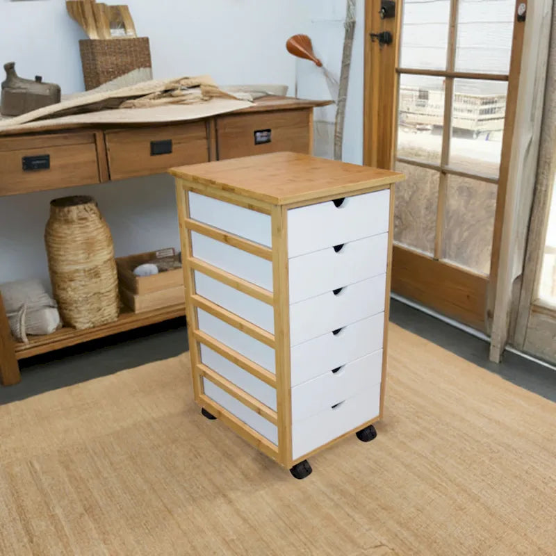 Eco-Friendly Solid Bamboo 6-Drawer Rolling Storage Cart with Locking Casters