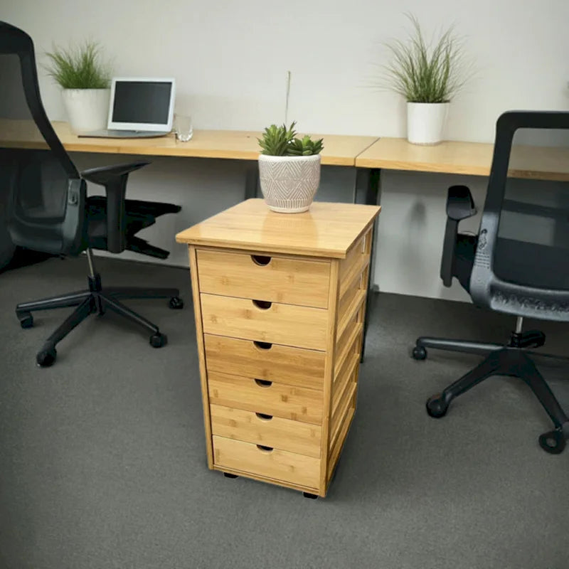 Eco-Friendly Solid Bamboo 6-Drawer Rolling Storage Cart with Locking Casters