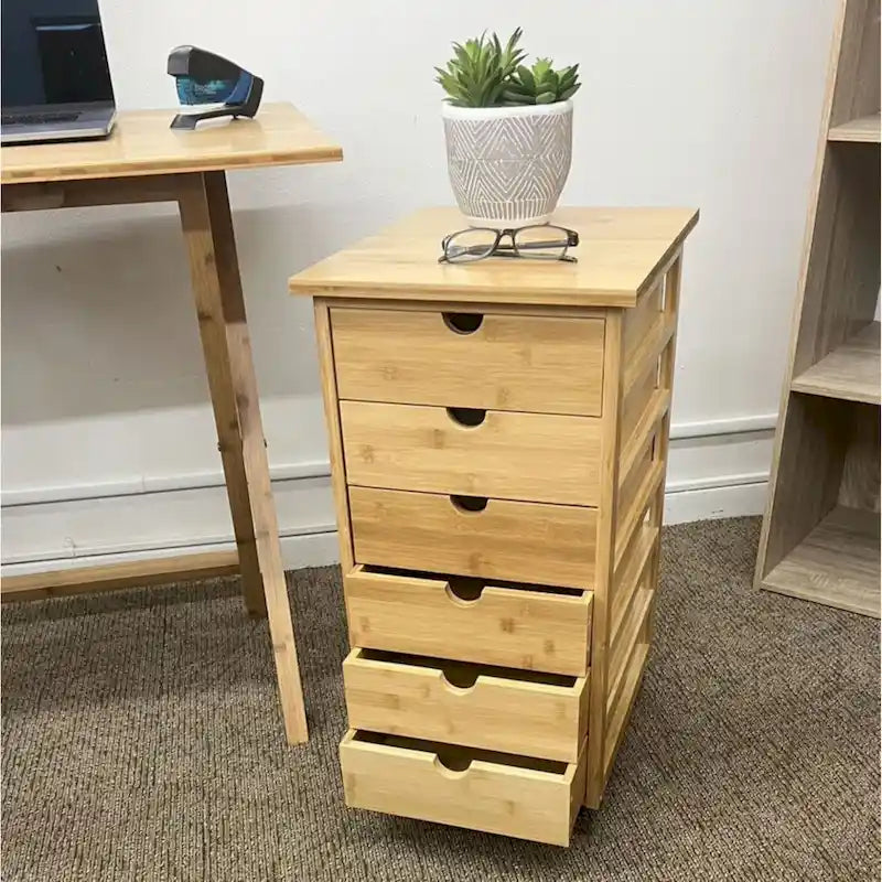 Eco-Friendly Solid Bamboo 6-Drawer Rolling Storage Cart with Locking Casters
