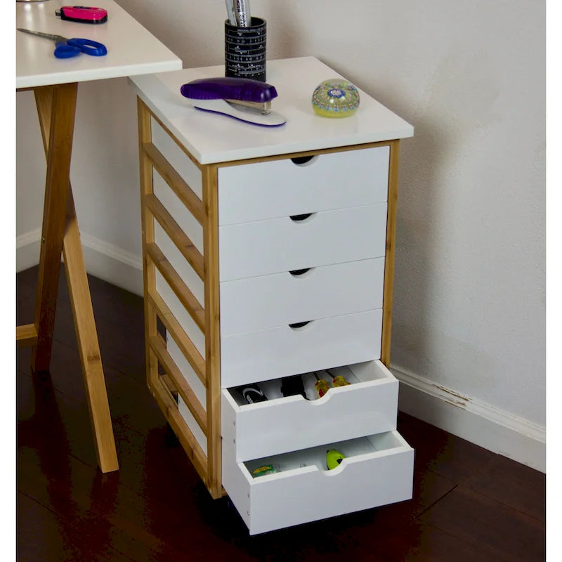 Eco-Friendly Solid Bamboo 6-Drawer Rolling Storage Cart with Locking Casters