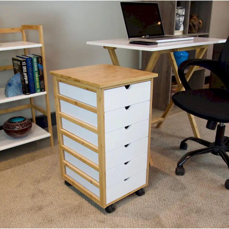 Eco-Friendly Solid Bamboo 6-Drawer Rolling Storage Cart with Locking Casters