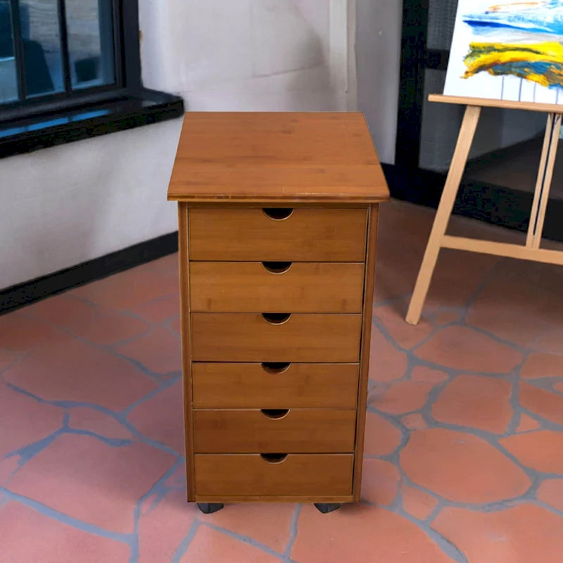 Eco-Friendly Solid Bamboo 6-Drawer Rolling Storage Cart with Locking Casters