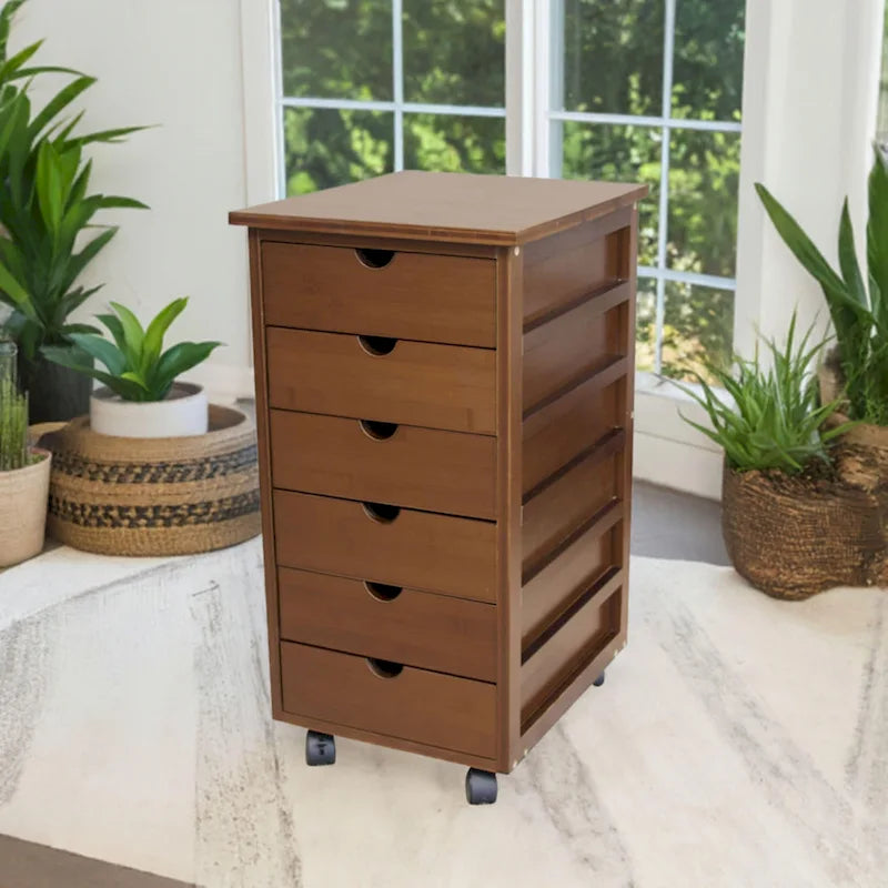 Eco-Friendly Solid Bamboo 6-Drawer Rolling Storage Cart with Locking Casters