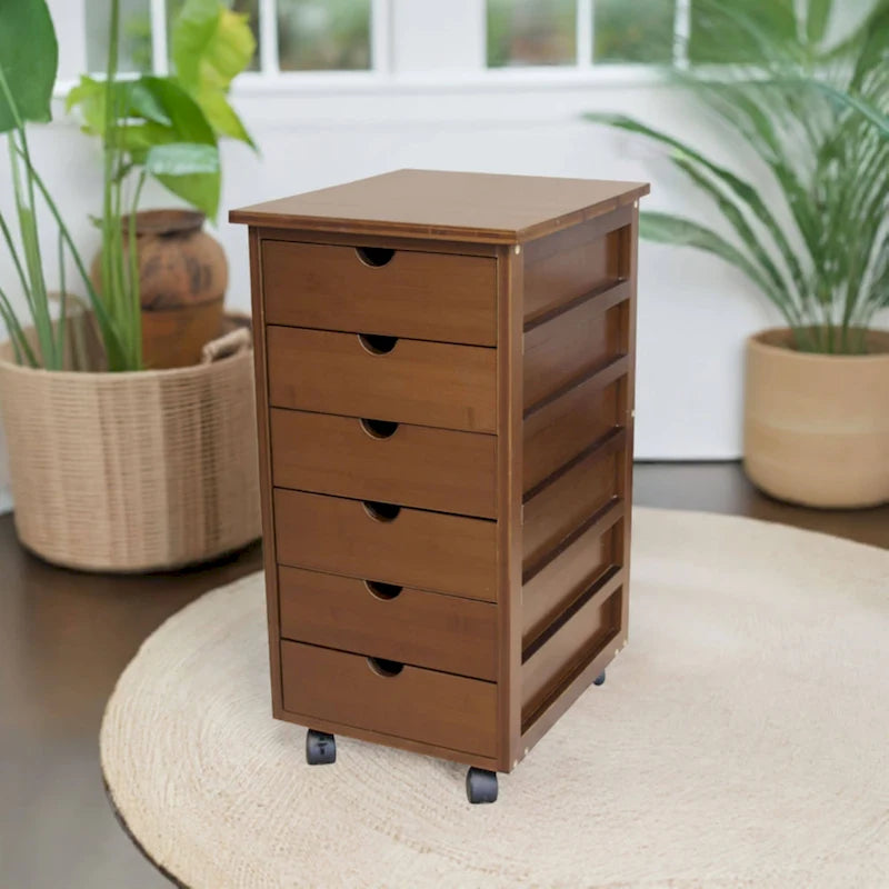 Eco-Friendly Solid Bamboo 6-Drawer Rolling Storage Cart with Locking Casters