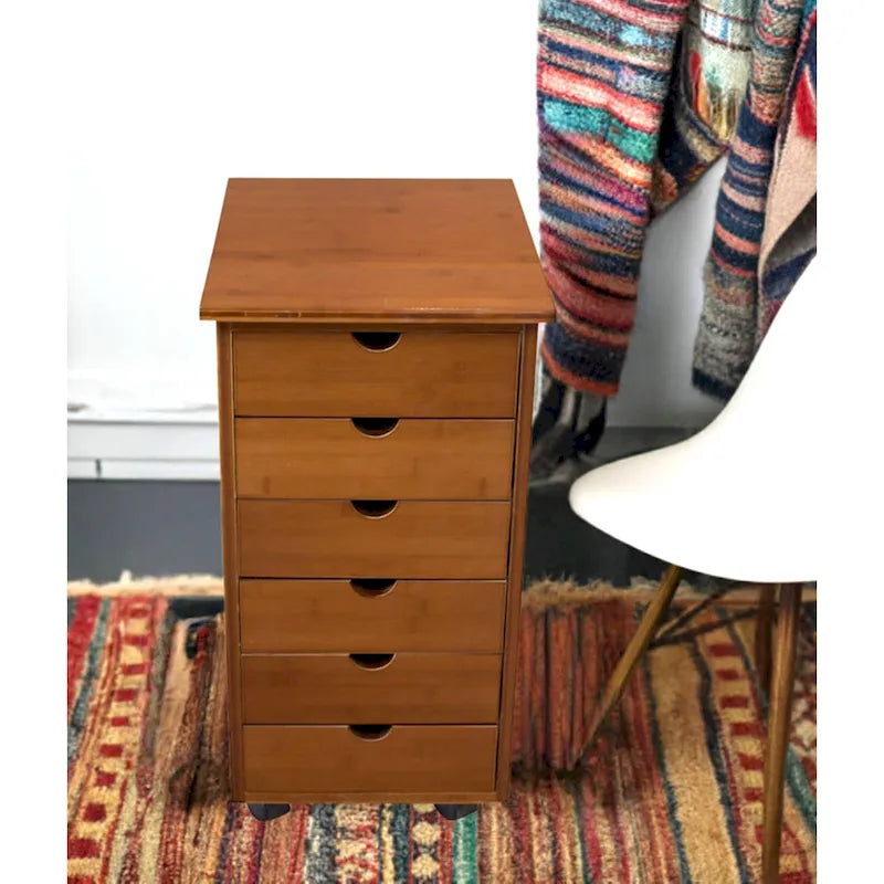 Eco-Friendly Solid Bamboo 6-Drawer Rolling Storage Cart with Locking Casters