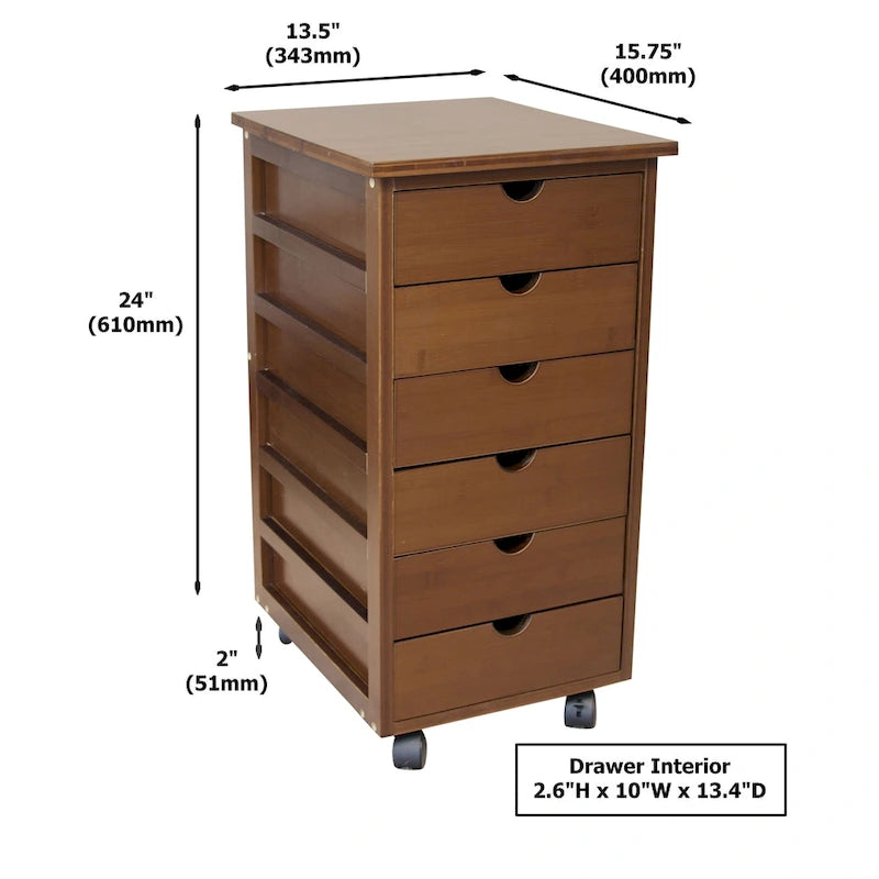Eco-Friendly Solid Bamboo 6-Drawer Rolling Storage Cart with Locking Casters