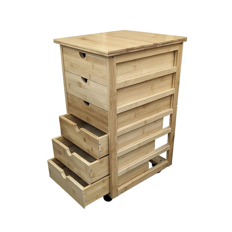 Eco-Friendly Solid Bamboo 6-Drawer Rolling Storage Cart with Locking Casters