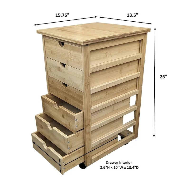 Eco-Friendly Solid Bamboo 6-Drawer Rolling Storage Cart with Locking Casters