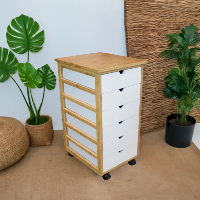 Eco-Friendly Solid Bamboo 6-Drawer Rolling Storage Cart with Locking Casters