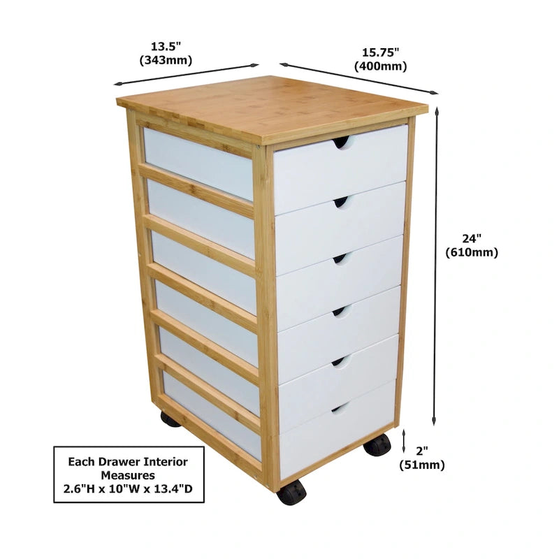 Eco-Friendly Solid Bamboo 6-Drawer Rolling Storage Cart with Locking Casters