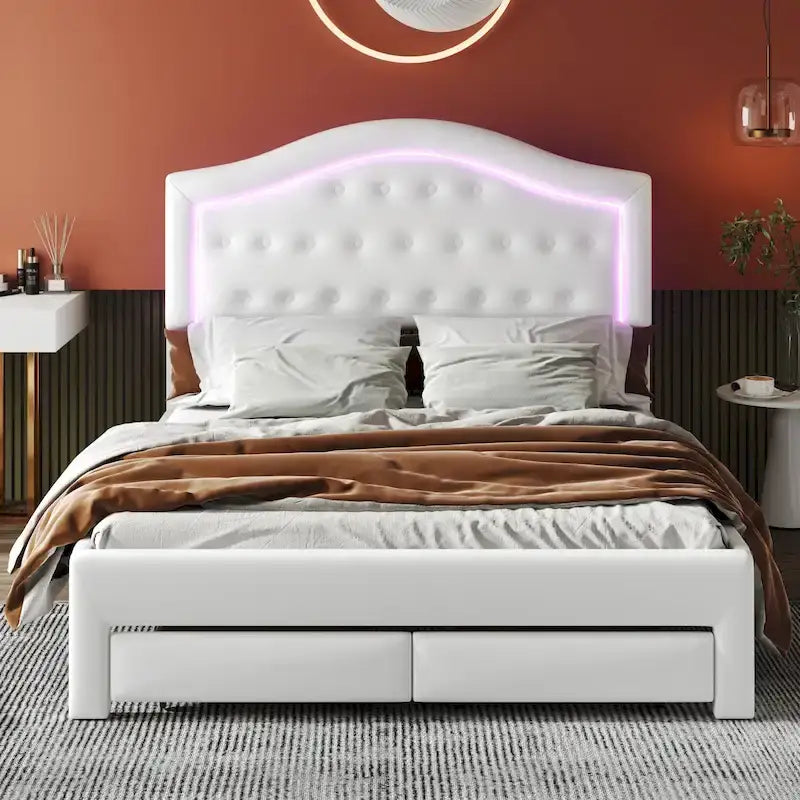 Upholstered Platform Bed – Tufted Headboard, LED Lighting & 2 Drawers