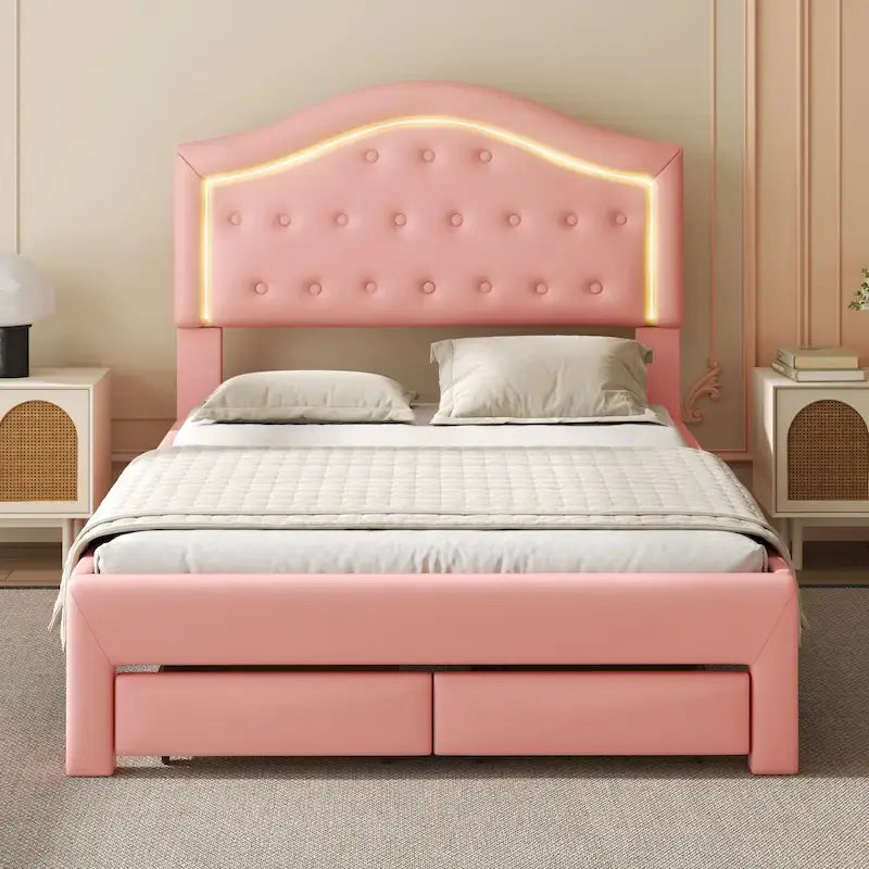Upholstered Platform Bed – Tufted Headboard, LED Lighting & 2 Drawers