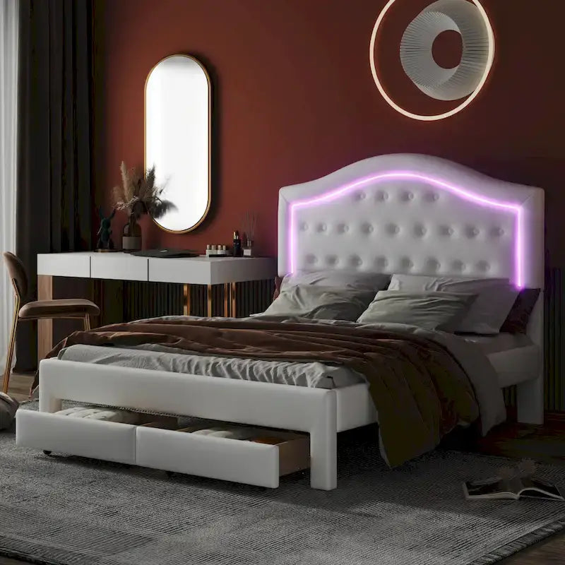 Upholstered Platform Bed – Tufted Headboard, LED Lighting & 2 Drawers