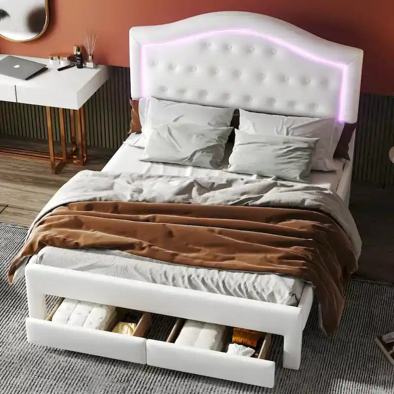 Upholstered Platform Bed – Tufted Headboard, LED Lighting & 2 Drawers