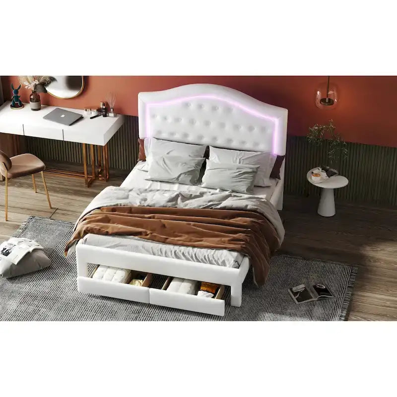 Upholstered Platform Bed – Tufted Headboard, LED Lighting & 2 Drawers