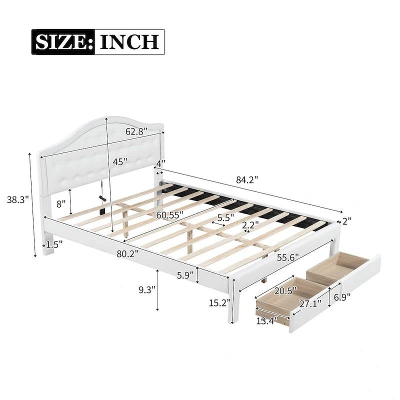 Upholstered Platform Bed – Tufted Headboard, LED Lighting & 2 Drawers