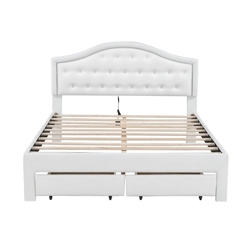 Upholstered Platform Bed – Tufted Headboard, LED Lighting & 2 Drawers