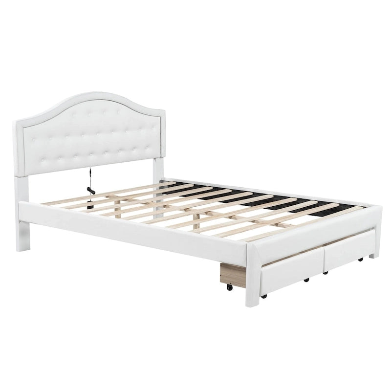 Upholstered Platform Bed – Tufted Headboard, LED Lighting & 2 Drawers