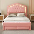 Upholstered Platform Bed – Tufted Headboard, LED Lighting & 2 Drawers