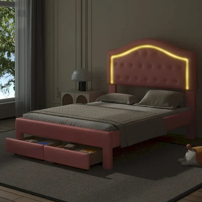 Upholstered Platform Bed – Tufted Headboard, LED Lighting & 2 Drawers