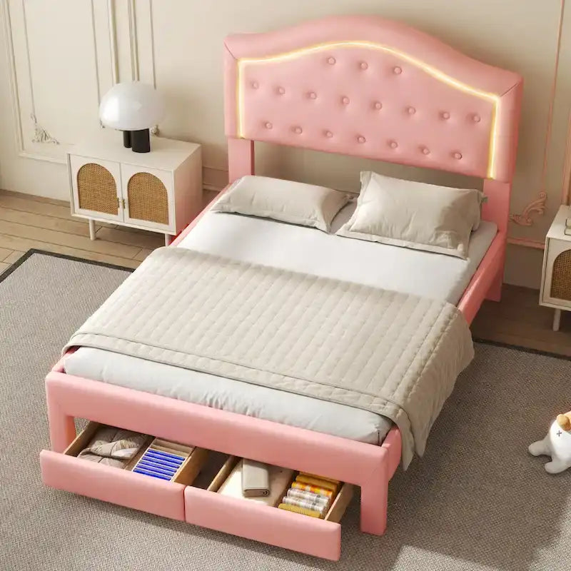 Upholstered Platform Bed – Tufted Headboard, LED Lighting & 2 Drawers