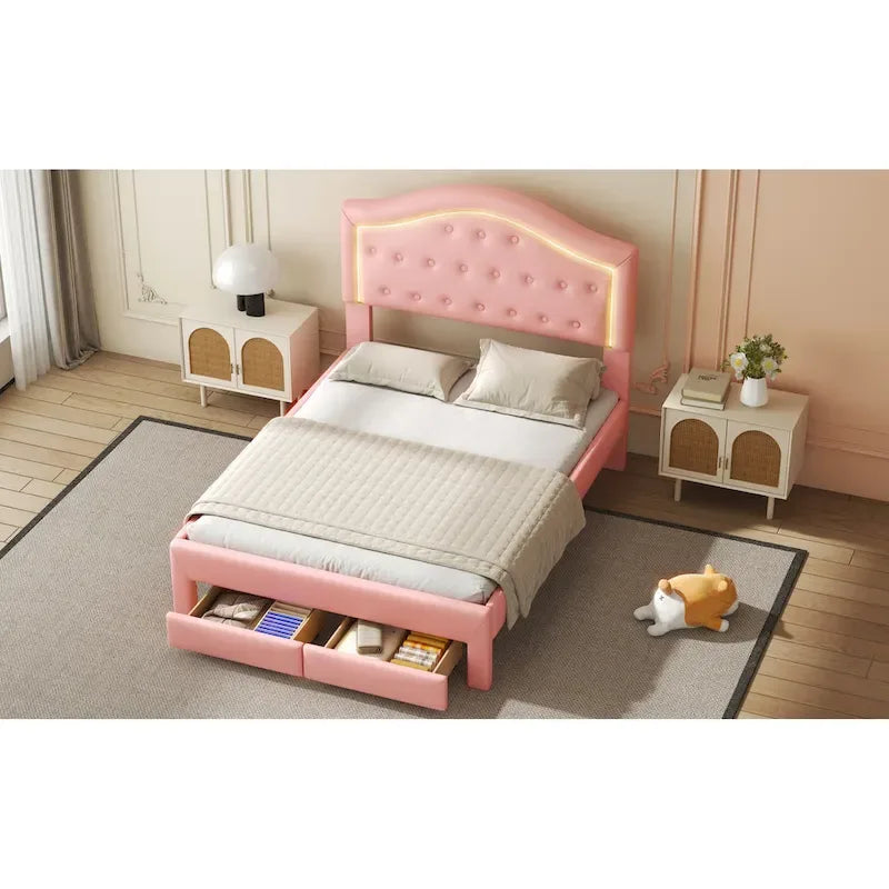 Upholstered Platform Bed – Tufted Headboard, LED Lighting & 2 Drawers