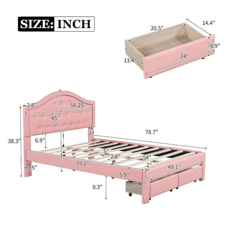 Upholstered Platform Bed – Tufted Headboard, LED Lighting & 2 Drawers
