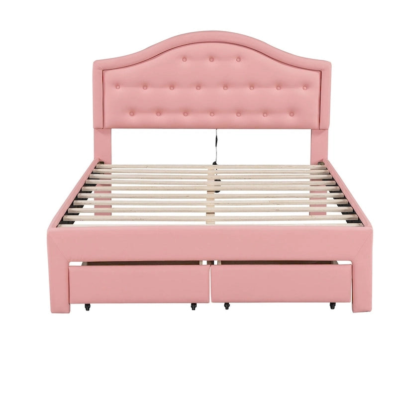 Upholstered Platform Bed – Tufted Headboard, LED Lighting & 2 Drawers