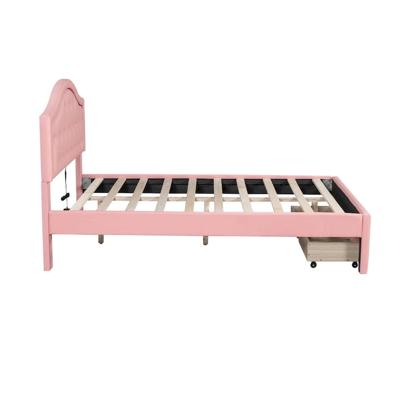 Upholstered Platform Bed – Tufted Headboard, LED Lighting & 2 Drawers