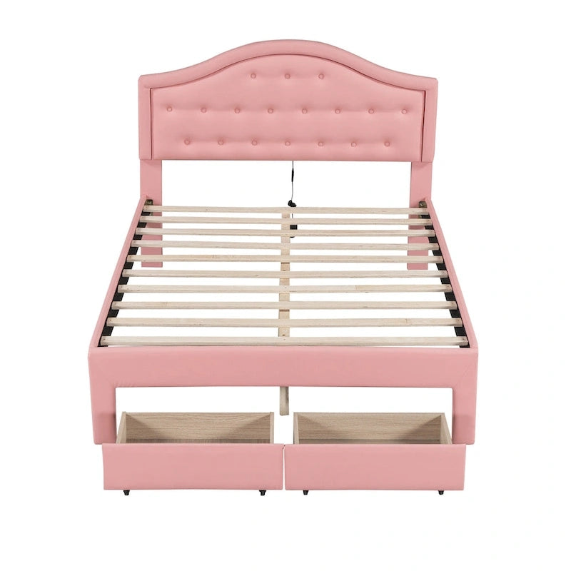Upholstered Platform Bed – Tufted Headboard, LED Lighting & 2 Drawers