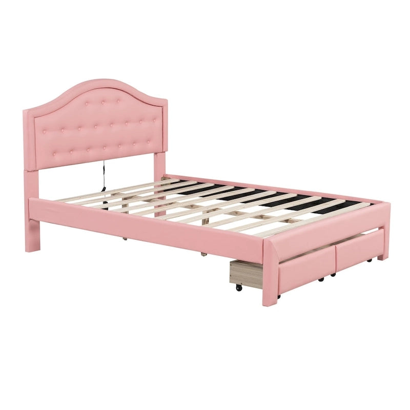 Upholstered Platform Bed – Tufted Headboard, LED Lighting & 2 Drawers