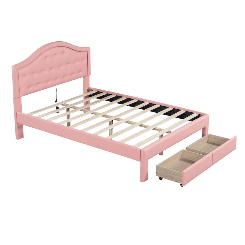 Upholstered Platform Bed – Tufted Headboard, LED Lighting & 2 Drawers