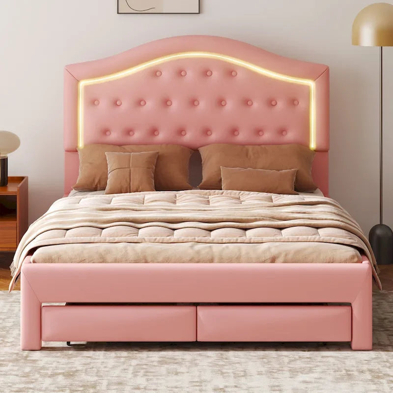 Upholstered Platform Bed – Tufted Headboard, LED Lighting & 2 Drawers