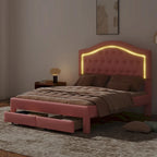Upholstered Platform Bed – Tufted Headboard, LED Lighting & 2 Drawers
